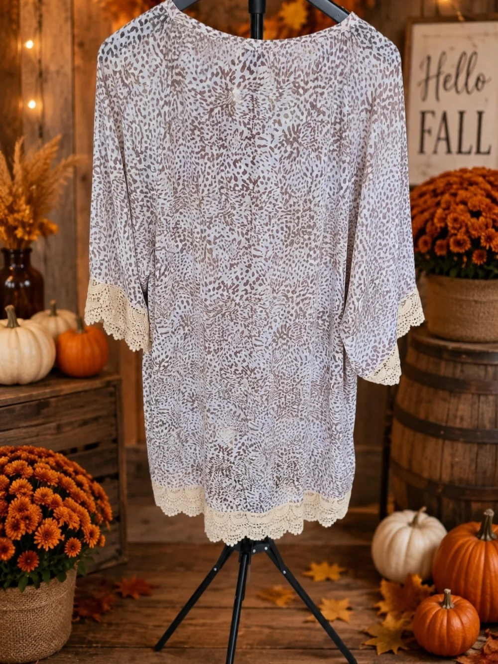 Maurices Cream Leopard Lace-Trim Kimono Cover-Up